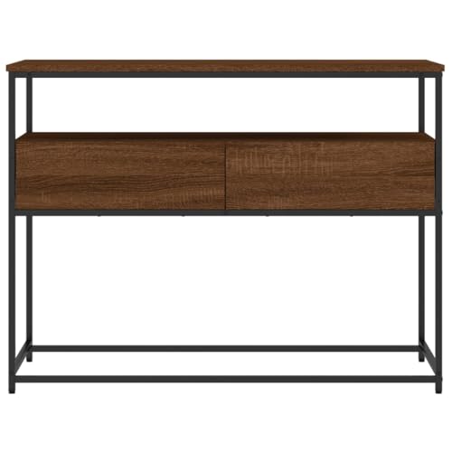 Brown Oak Narrow Console Table with 2 Drawers & Shelf U197