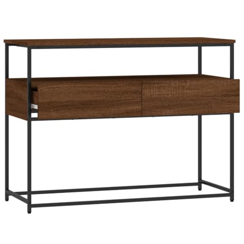 Brown Oak Narrow Console Table with 2 Drawers & Shelf U197