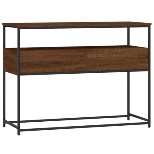 Brown Oak Narrow Console Table with 2 Drawers & Shelf U197