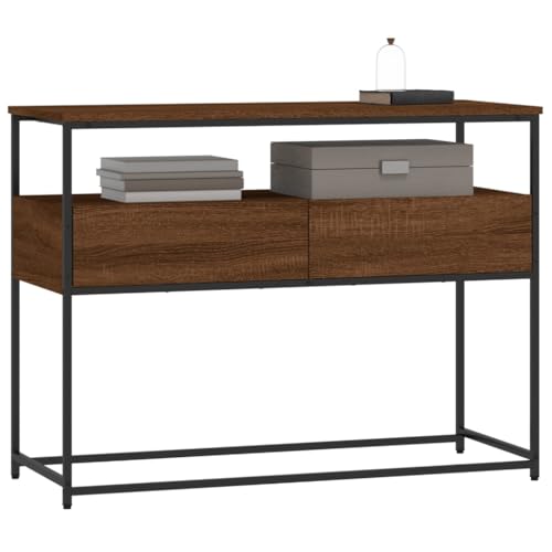 Brown Oak Narrow Console Table with 2 Drawers & Shelf U197