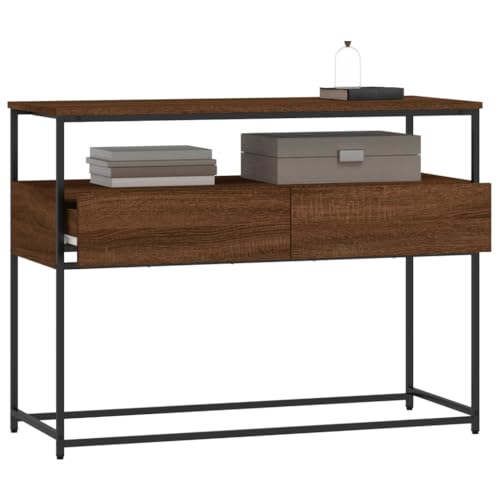 Brown Oak Narrow Console Table with 2 Drawers & Shelf U197