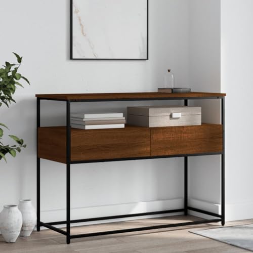 Brown Oak Narrow Console Table with 2 Drawers & Shelf U197