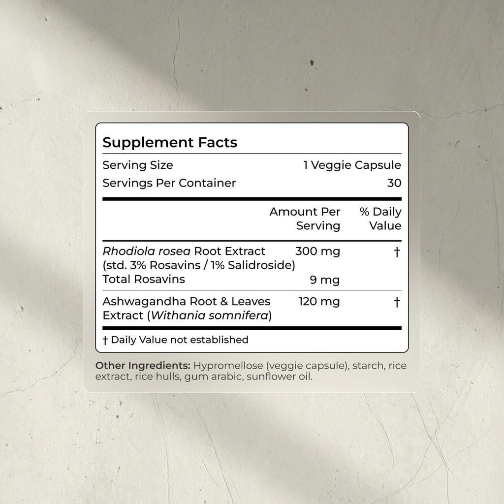 Ashwagandha & Rhodiola 120mg Adaptogen Capsules 30 Vegan Capsules D382