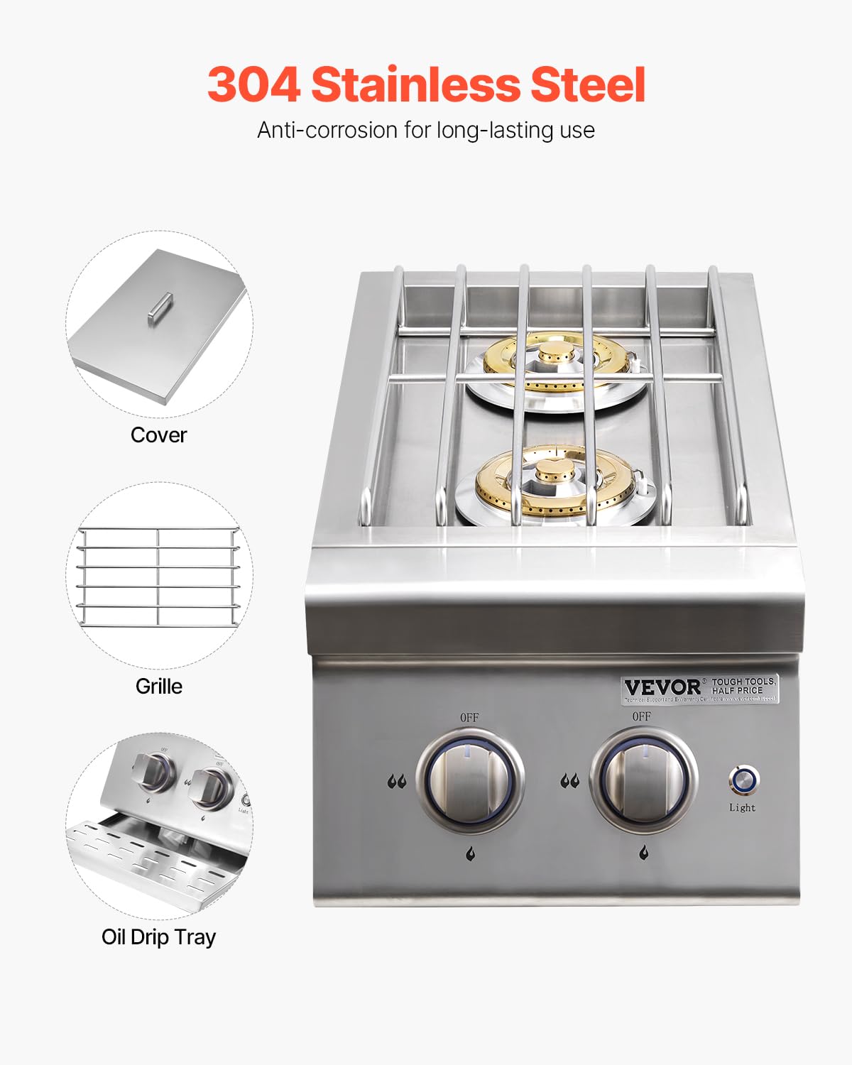 Double Side Burners, 2 x 17,000BTU Liquid Propane, Convertible to Natural Gas, 304 Stainless Steel Built-in U8566