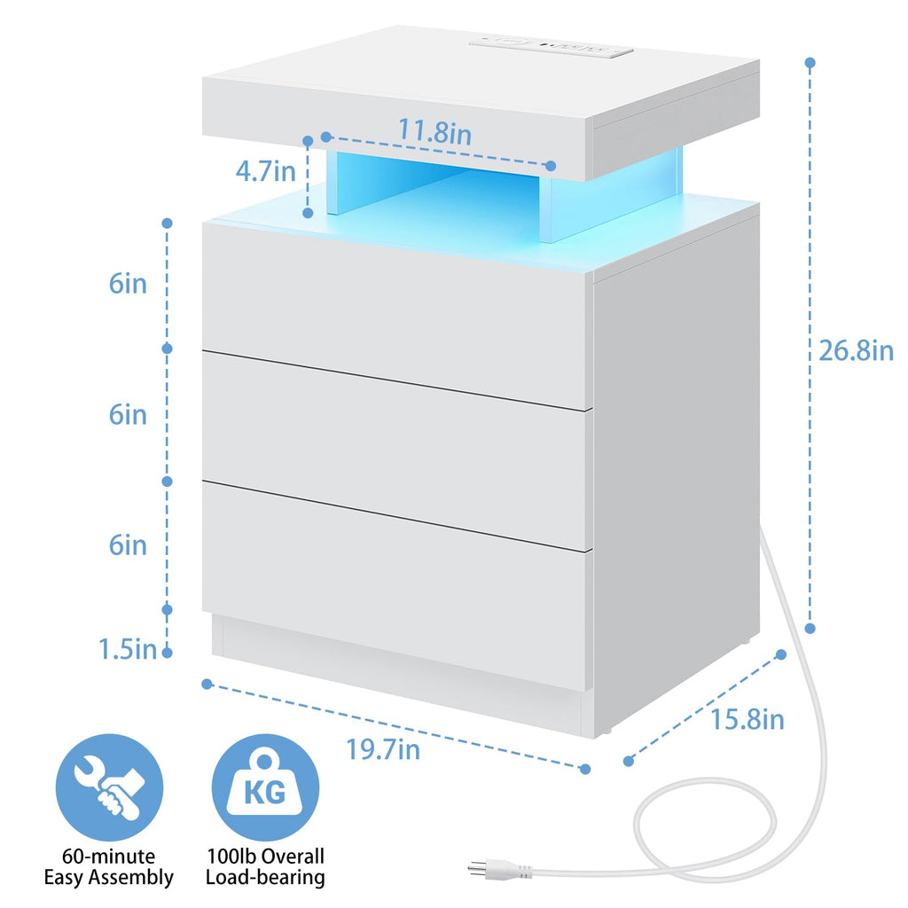 White 3 Drawer Nightstand with Wireless Charging Station P2839