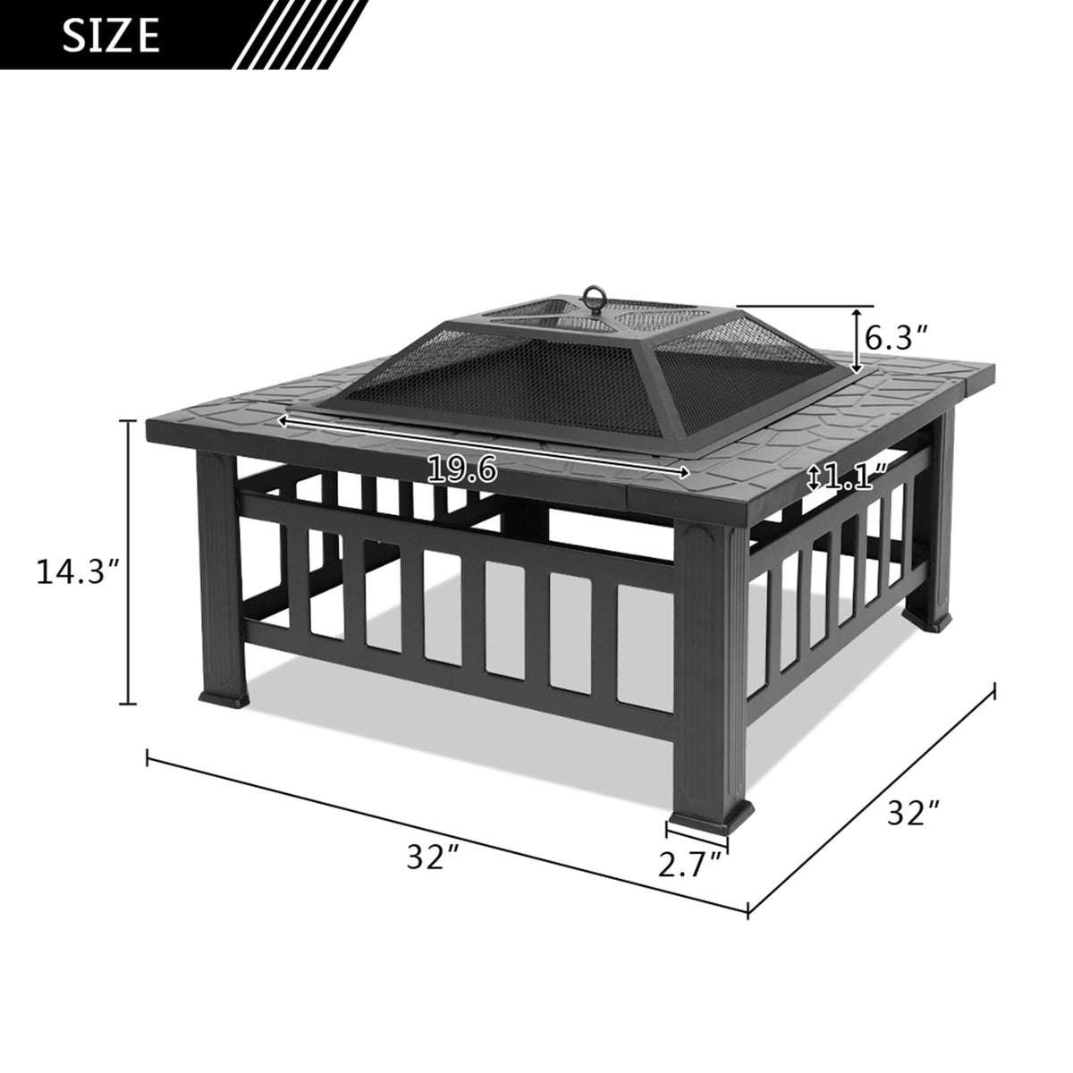 Black 32" Wood Burning Fire Pit Table with Grate, Poker and Spark Screen Cover L145