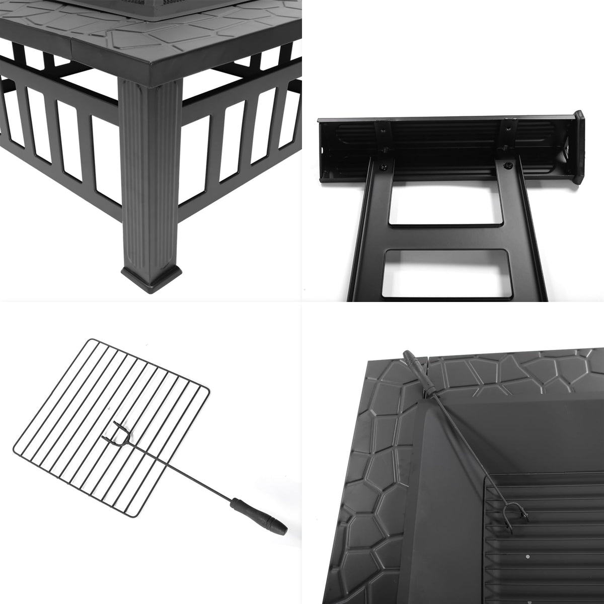 Black 32" Wood Burning Fire Pit Table with Grate, Poker and Spark Screen Cover L145