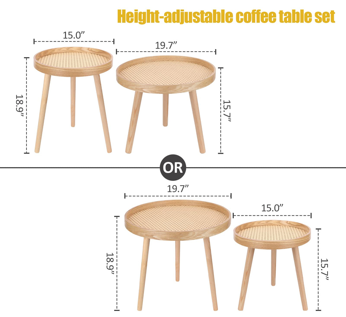Round Coffee Table Set of 2 Natural Rattan I61882