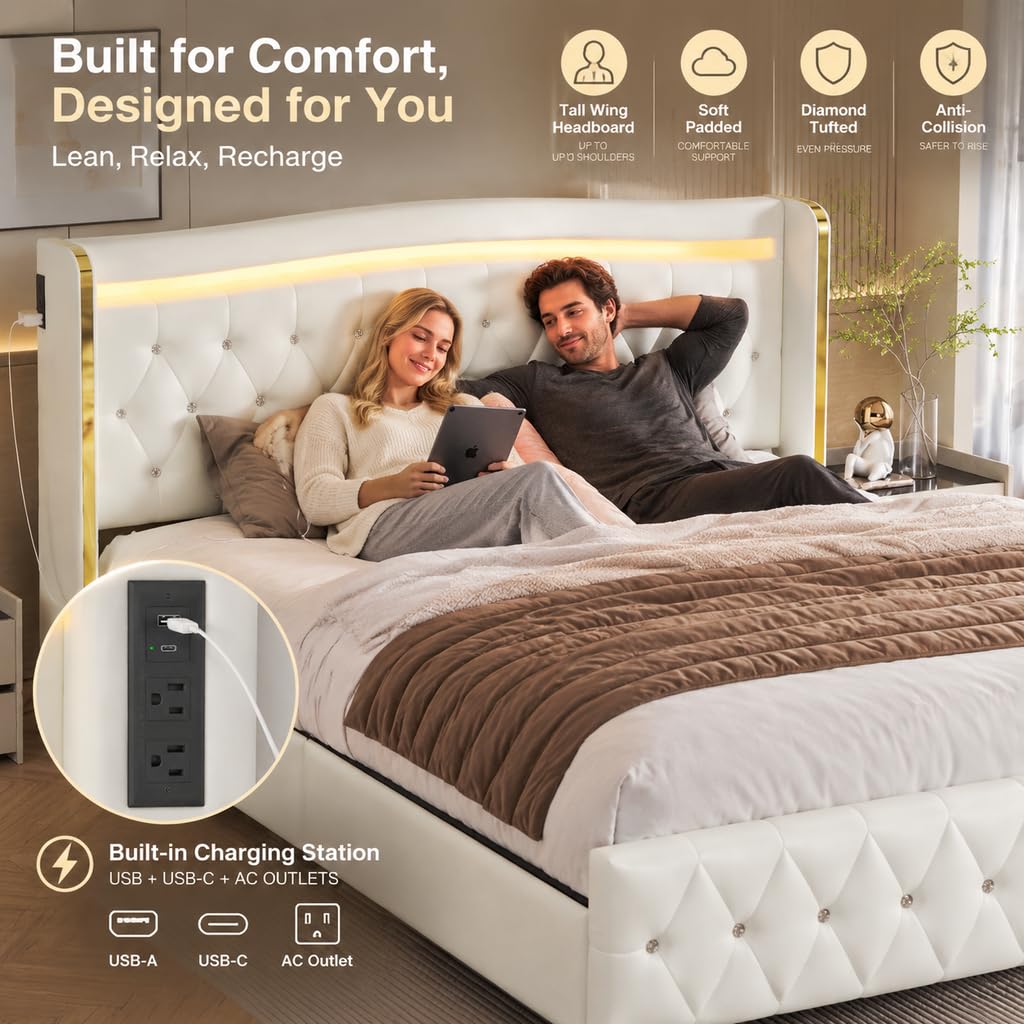 White Full Size Bed Frame with 4 Storage Drawers T66915