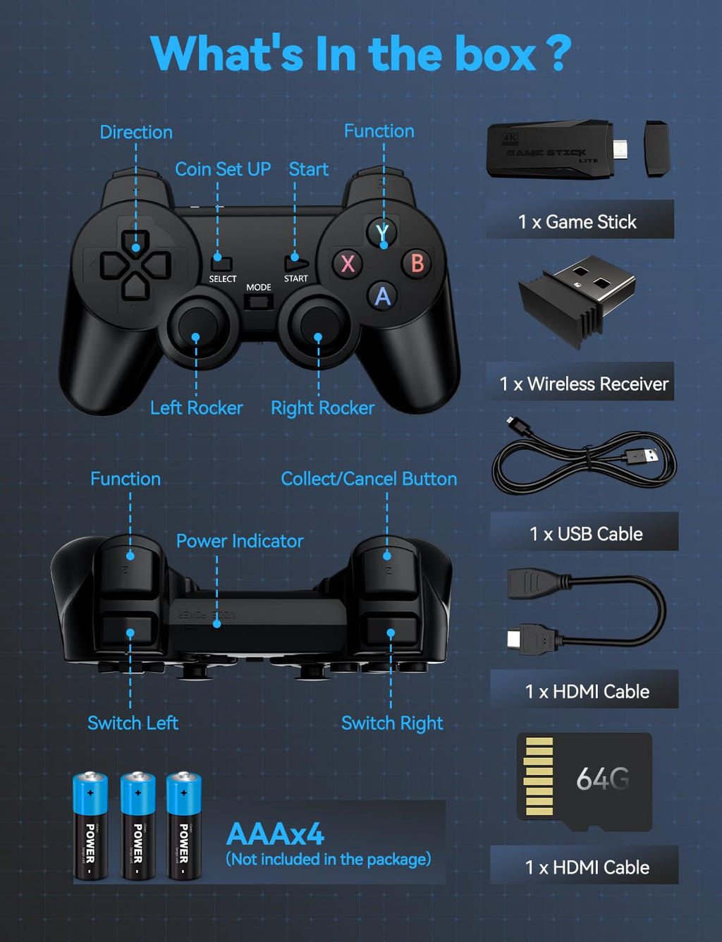 4K HDMI-Compatible Retro Gaming Console with 2.4G Wireless Controllers J371