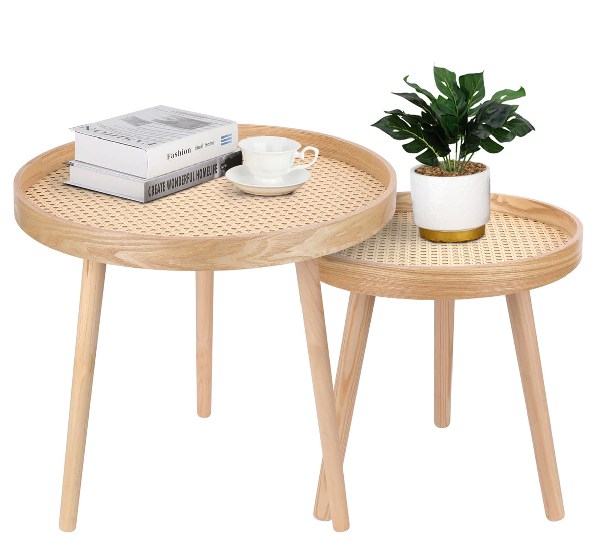Round Coffee Table Set of 2 Natural Rattan I61882