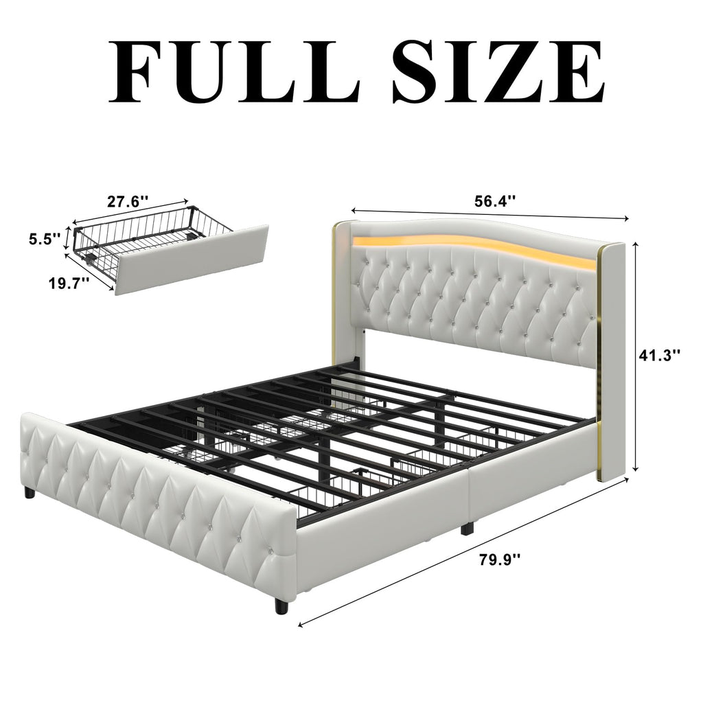 White Full Size Bed Frame with 4 Storage Drawers T66915