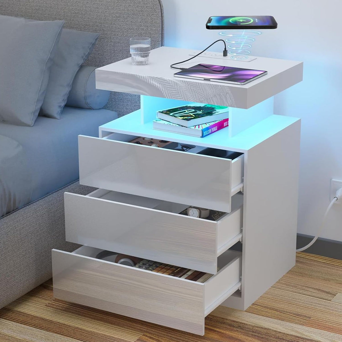 White 3 Drawer Nightstand with Wireless Charging Station P2839