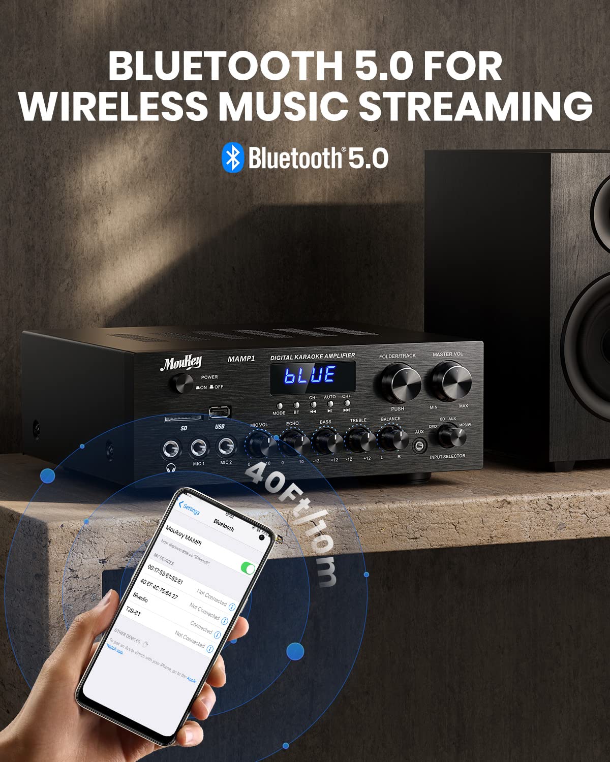 Bluetooth Stereo Receiver Amplifier with USB SD AUX RCA MIC, 400W Peak K67749