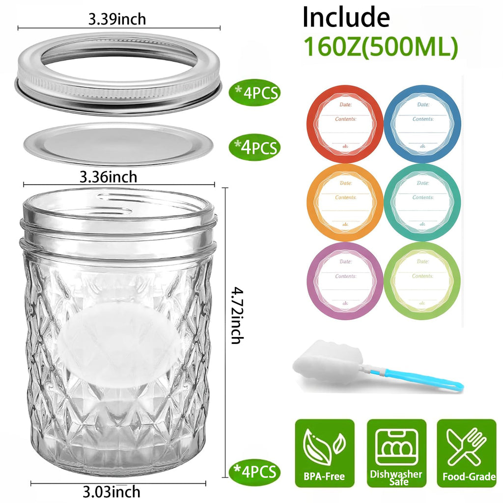 16 oz Wide Mouth Glass Mason Jars with Lids, 4 Pack G70694