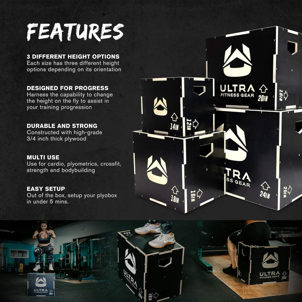 Wooden Plyo Box, 16/14/12 Anti-Slip O653078