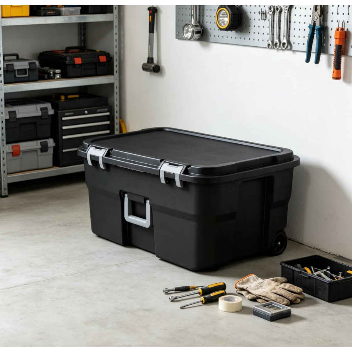 Black Lockable Wheeled Plastic Storage Footlocker V2861