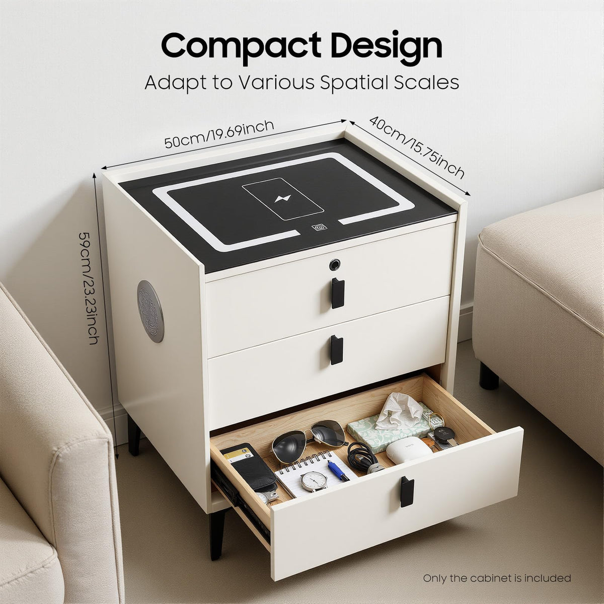 Beige White 3 Drawer Nightstand with Wireless Charging D406913