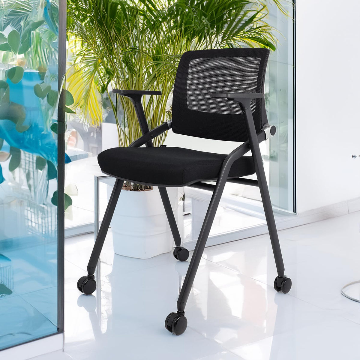 2 Pack Black Mesh Folding Office Chairs with Wheels X242208