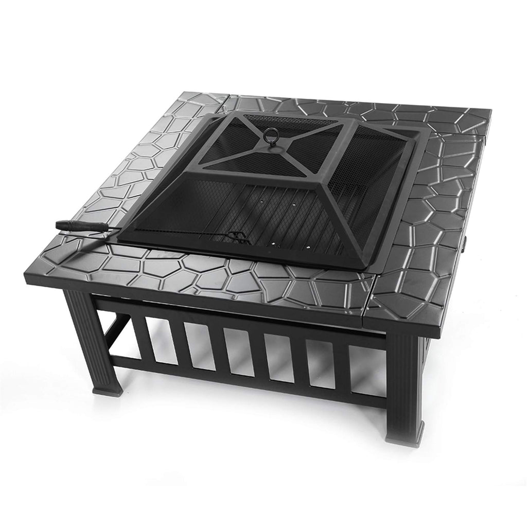 Black 32" Wood Burning Fire Pit Table with Grate, Poker and Spark Screen Cover L145