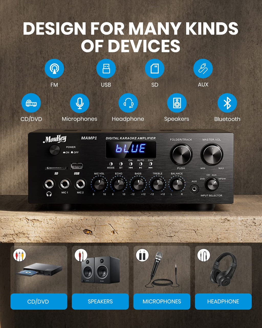 Bluetooth Stereo Receiver Amplifier with USB SD AUX RCA MIC, 400W Peak K67749