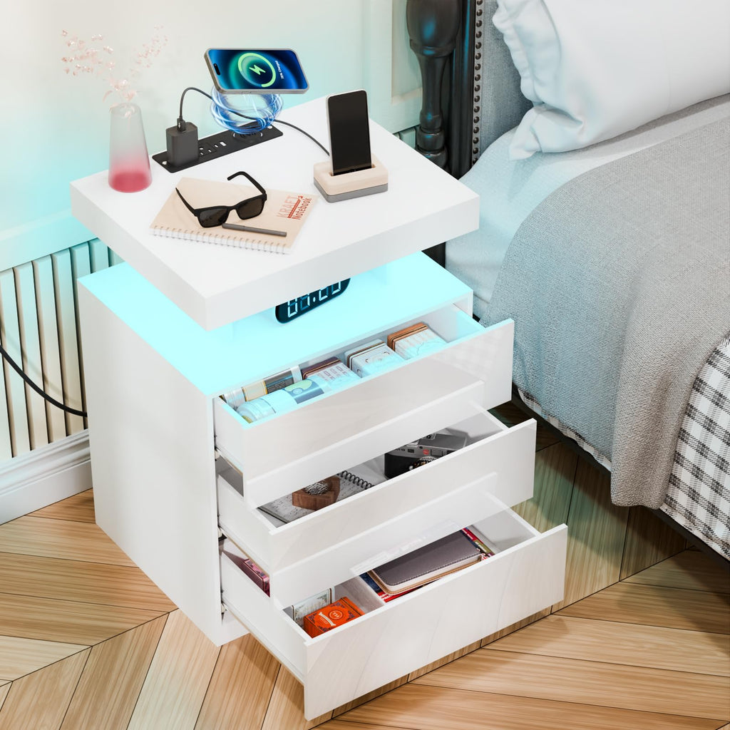 White 3 Drawer Nightstand with Wireless Charging Station P2839