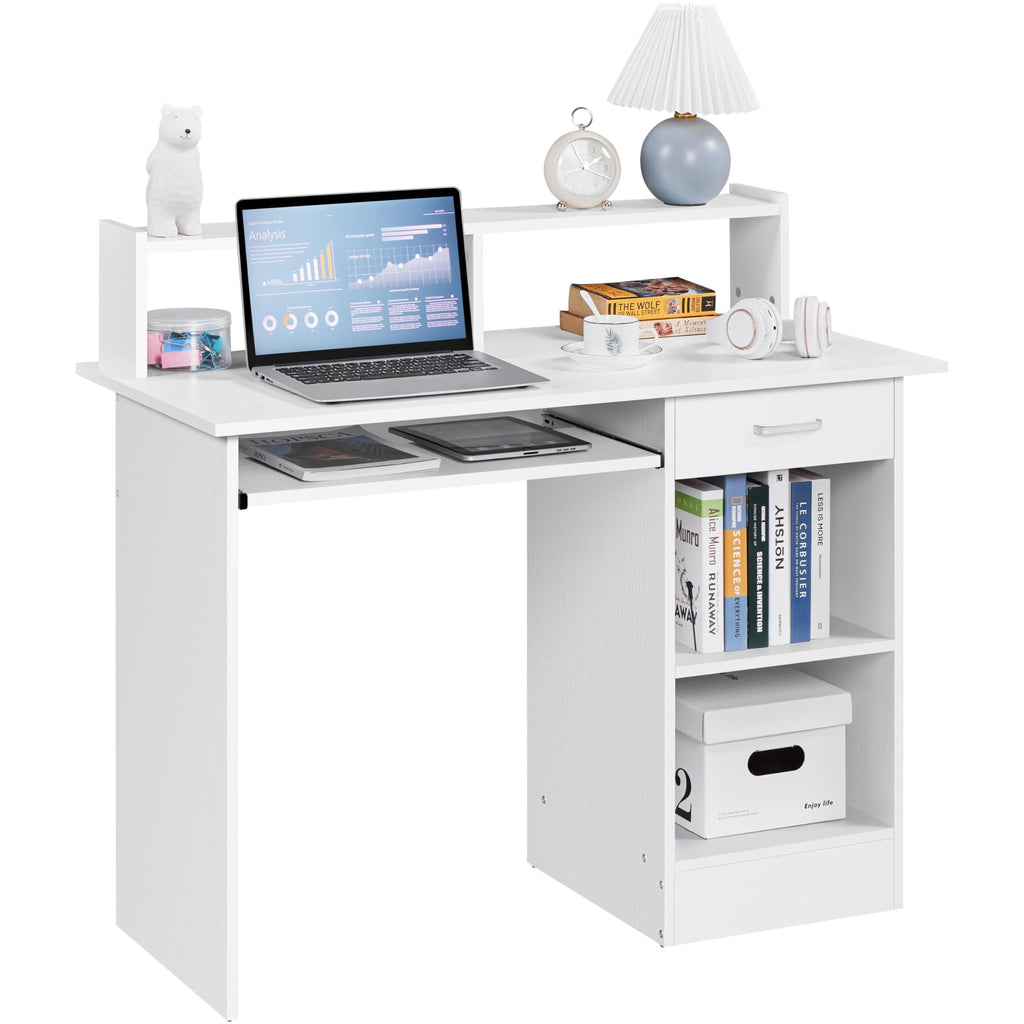 White Computer Desk with Keyboard Tray, Drawers, and Shelves X433