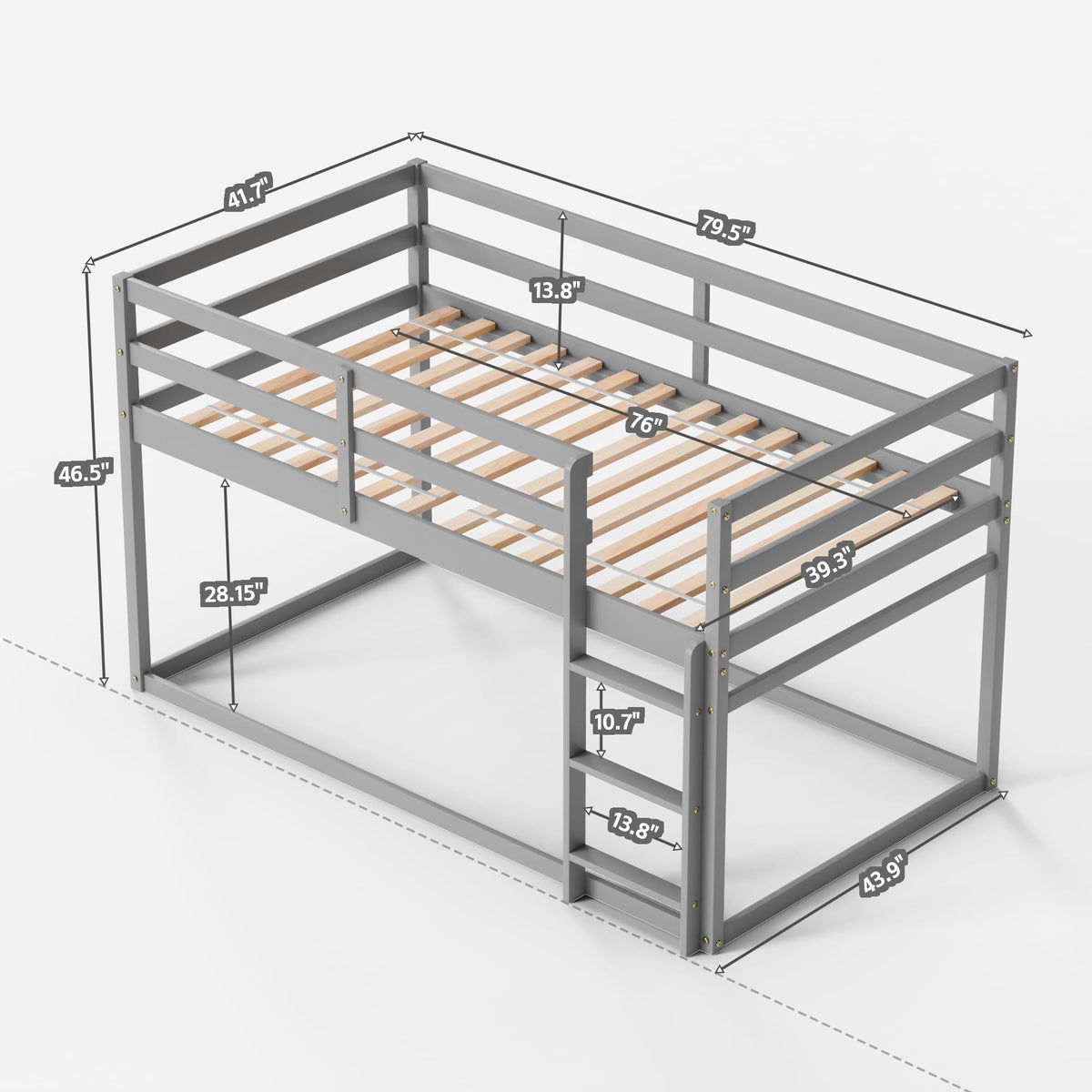 Low Twin Over Twin Wooden Bunk Bed with Ladder and Guardrails D48941