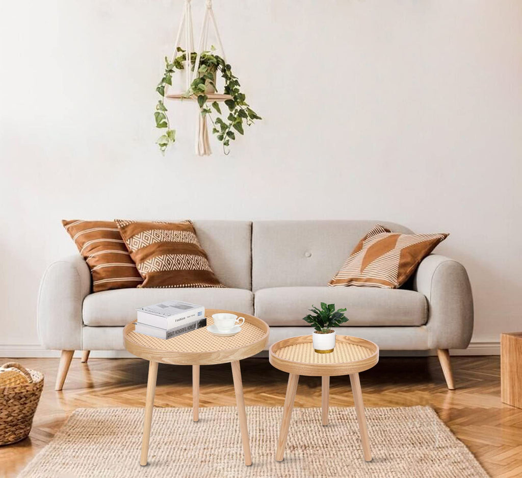 Round Coffee Table Set of 2 Natural Rattan I61882