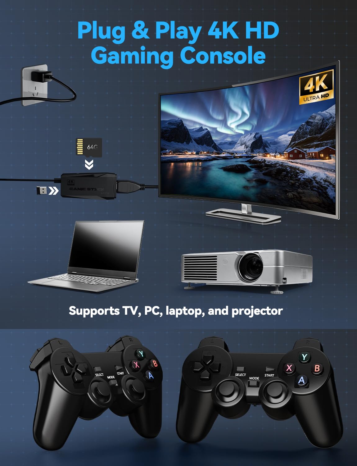4K HDMI-Compatible Retro Gaming Console with 2.4G Wireless Controllers J371