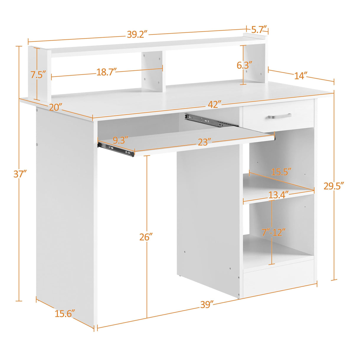 White Computer Desk with Keyboard Tray, Drawers, and Shelves X433