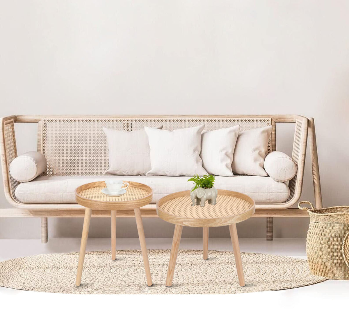 Round Coffee Table Set of 2 Natural Rattan I61882