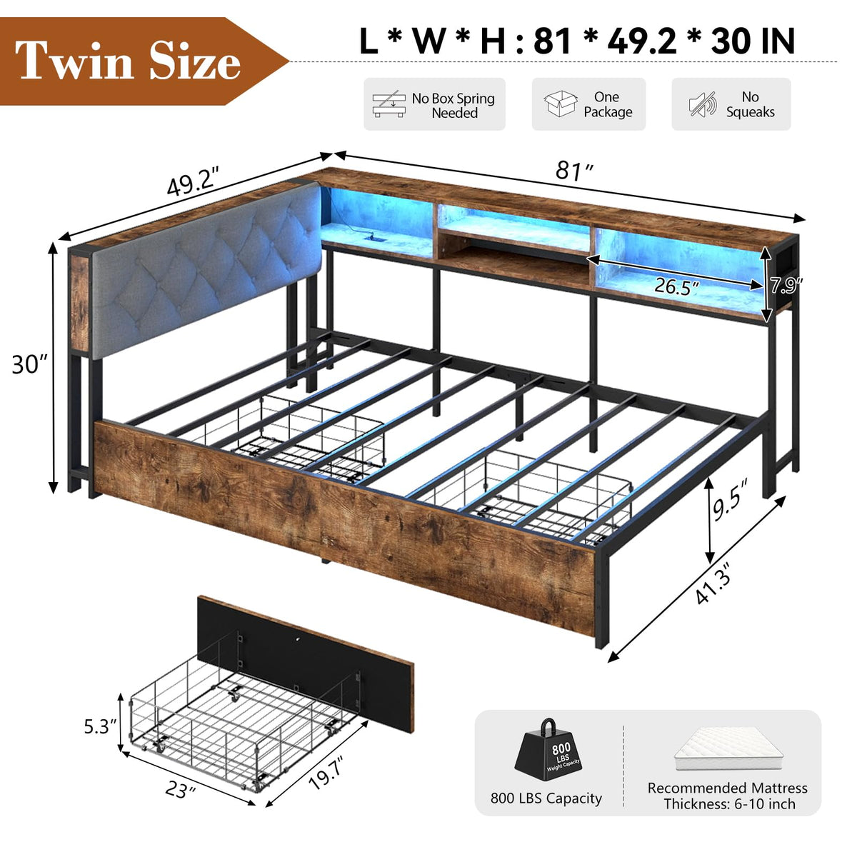 Twin Size Corner Bed Frame with Storage and Headboard O695405