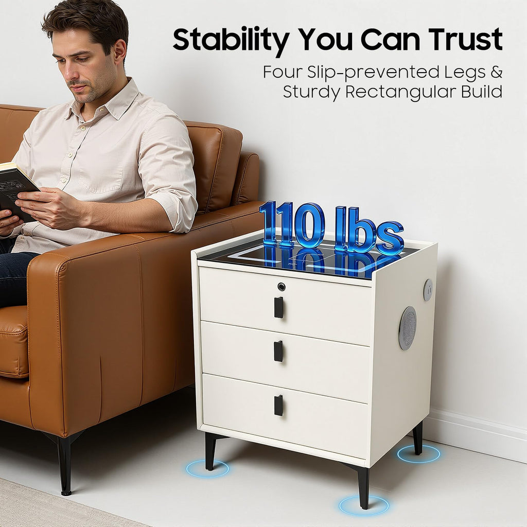 Beige White 3 Drawer Nightstand with Wireless Charging D406913