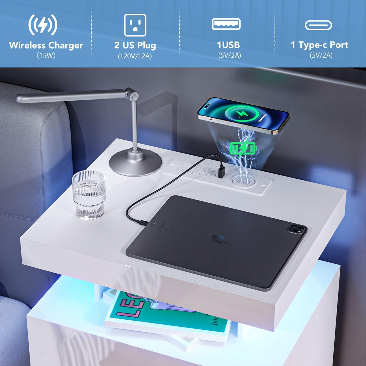 White 3 Drawer Nightstand with Wireless Charging Station P2839