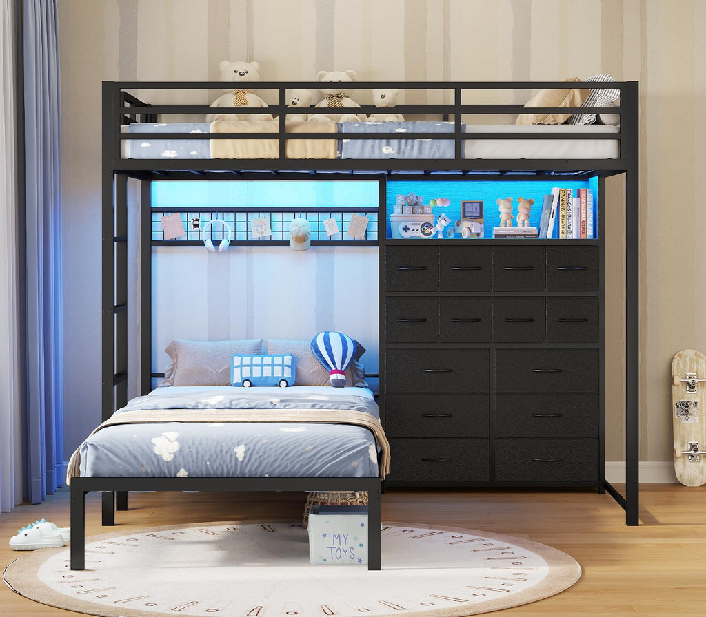 Black Twin Over Twin Bunk Bed with Storage Drawers & Bookshelf H359