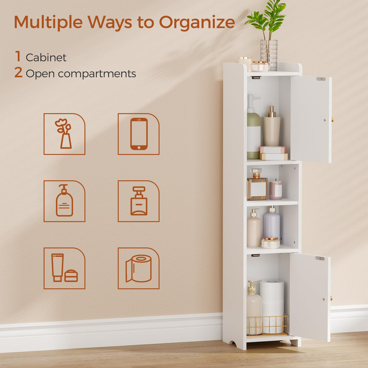 Slim Bathroom Storage Cabinet with 2 Doors and Adjustable Shelf V905