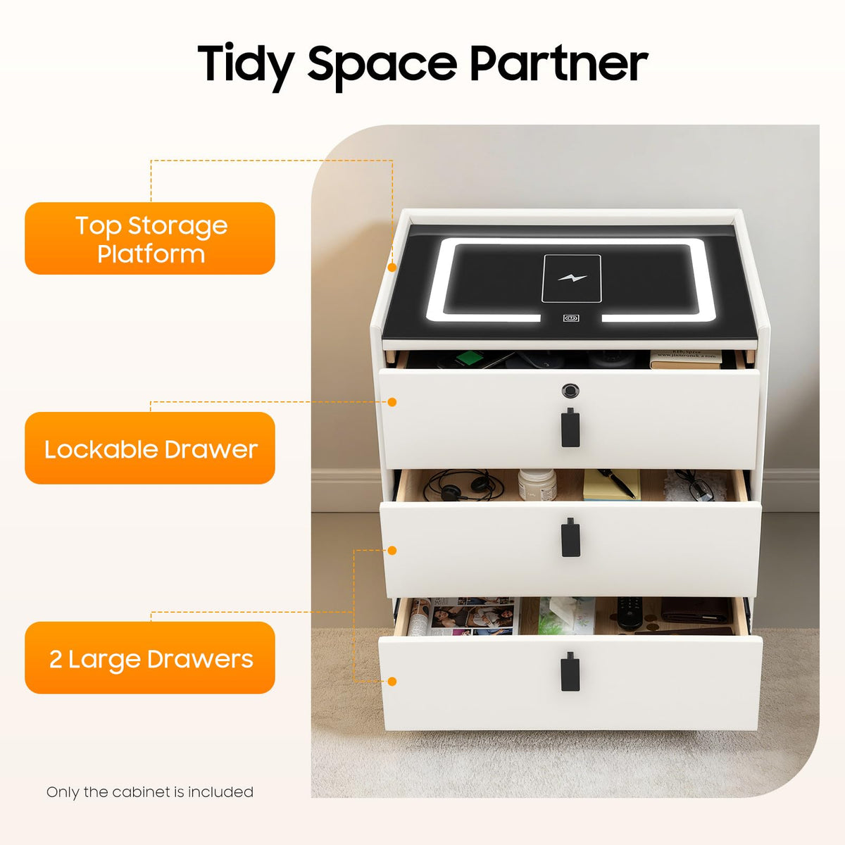 Beige White 3 Drawer Nightstand with Wireless Charging D406913