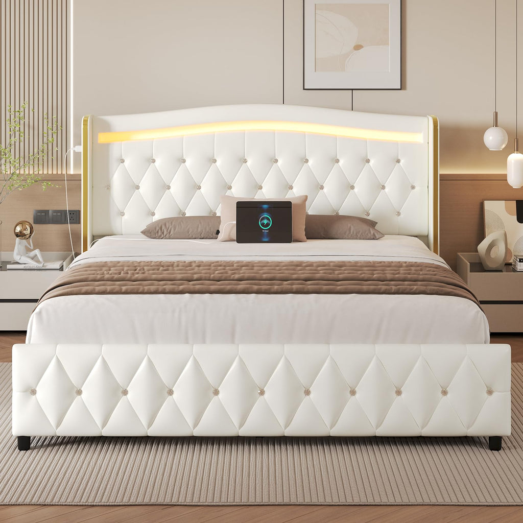 White Full Size Bed Frame with 4 Storage Drawers T66915