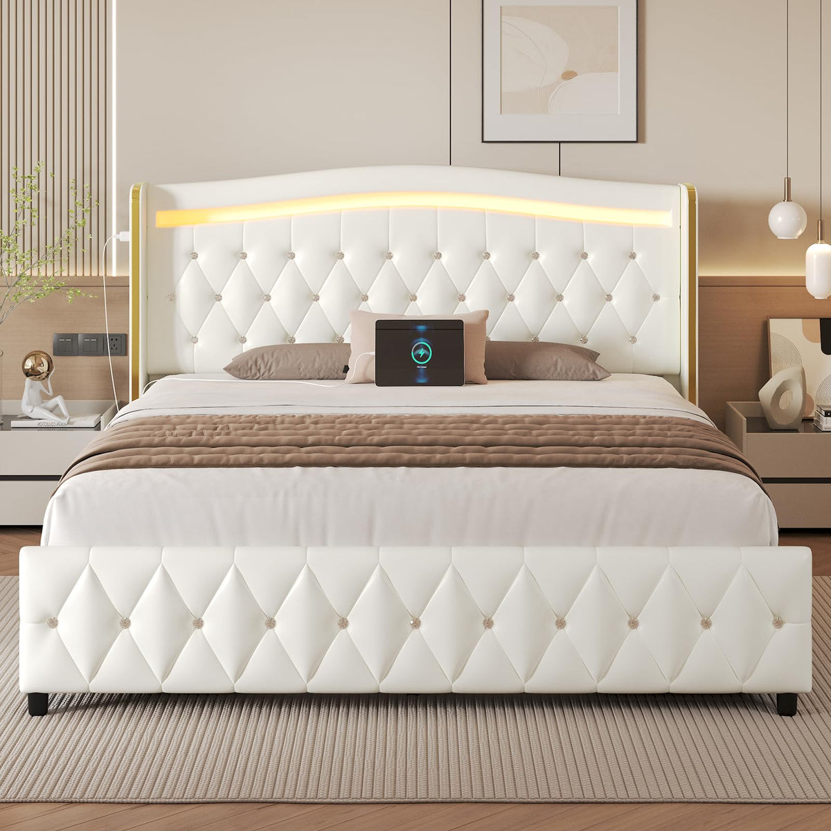 White Full Size Bed Frame with 4 Storage Drawers T66915