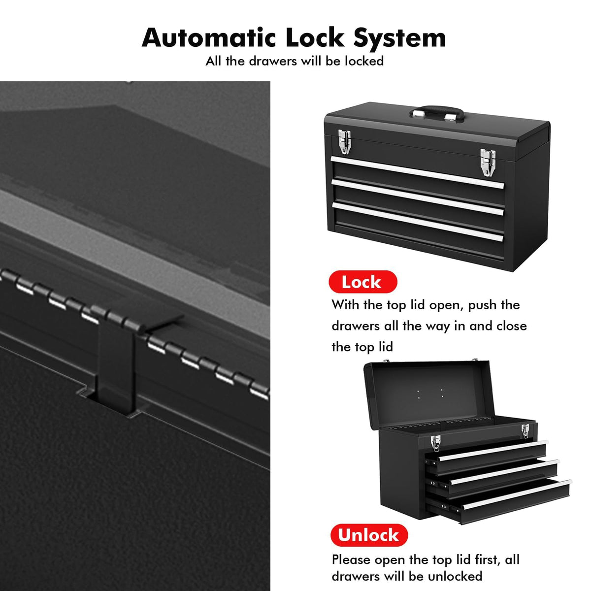 Portable Metal 3 Drawer Lockable Tool Box X18796