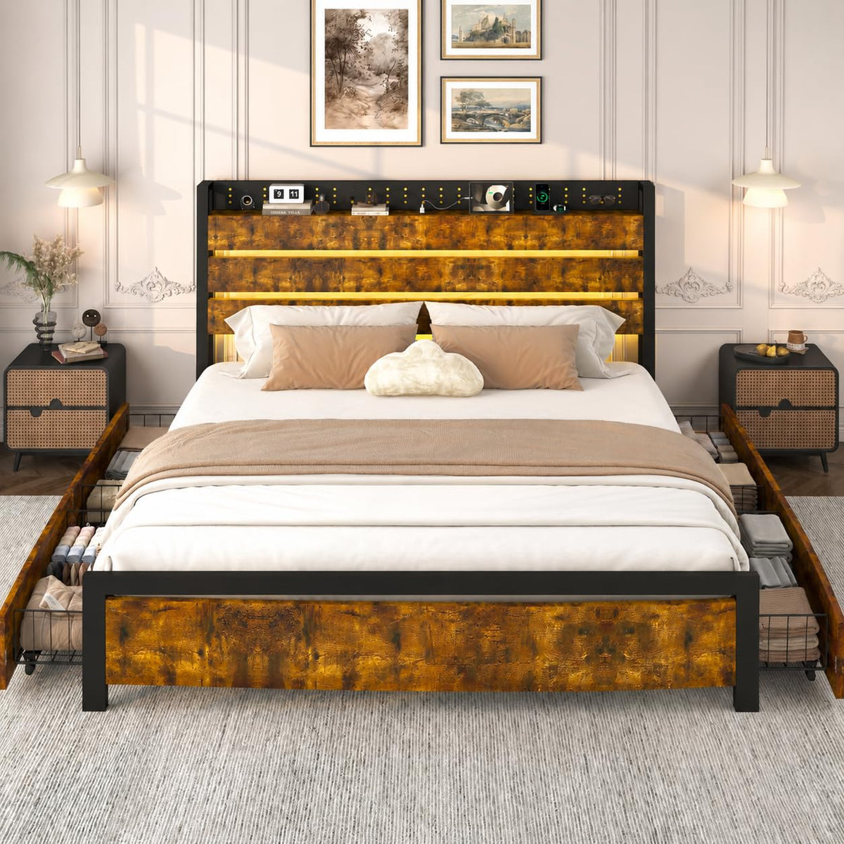 King Size Storage Bed Frame with 4 Drawers, Metal Bed Frame with Headboard Charging Station & Led Lights, Heavy Duty Platform Bedframe, No Box Spring Needed, Noise Free, Easy Assembly, Brown U54191