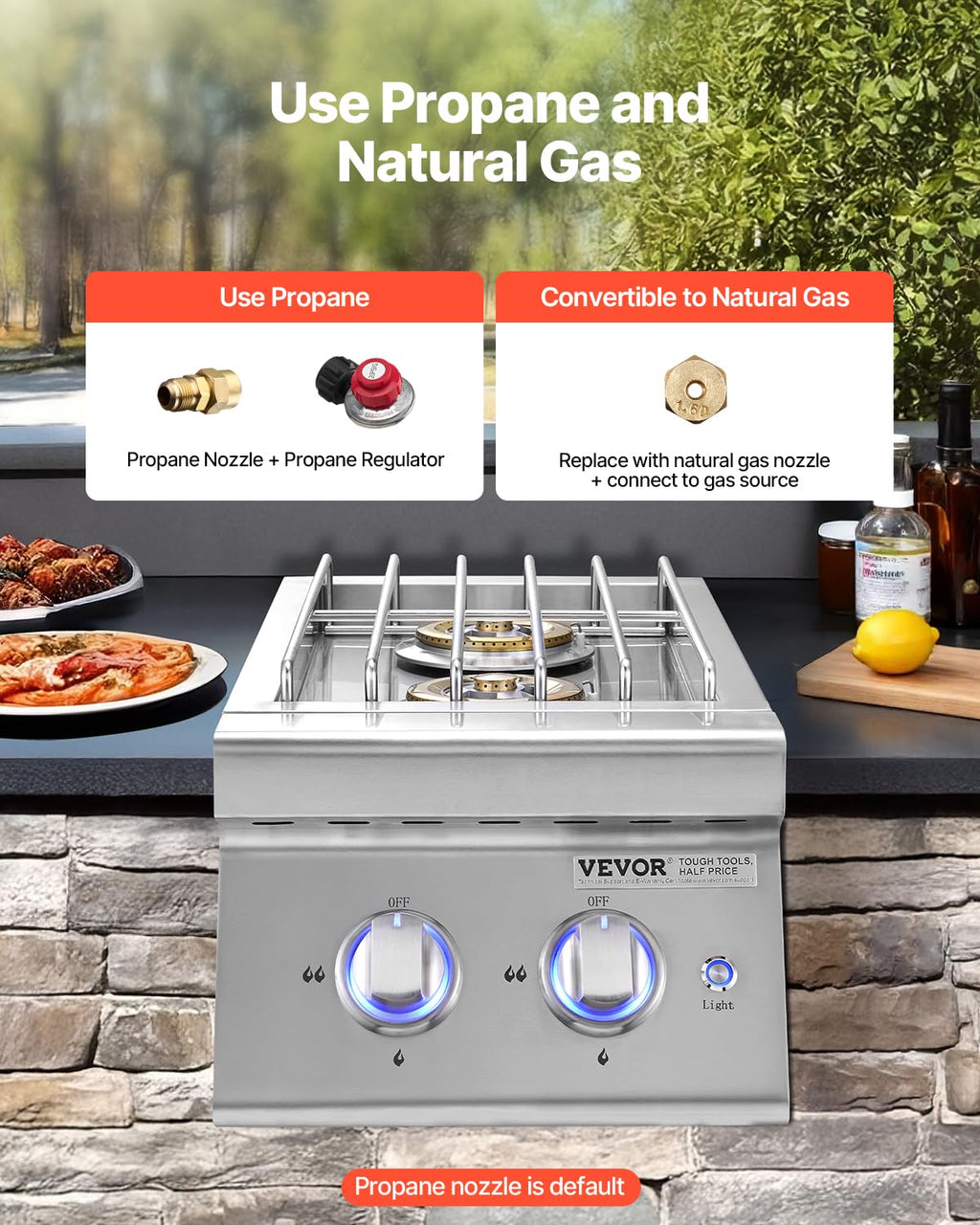 Double Side Burners, 2 x 17,000BTU Liquid Propane, Convertible to Natural Gas, 304 Stainless Steel Built-in U8566
