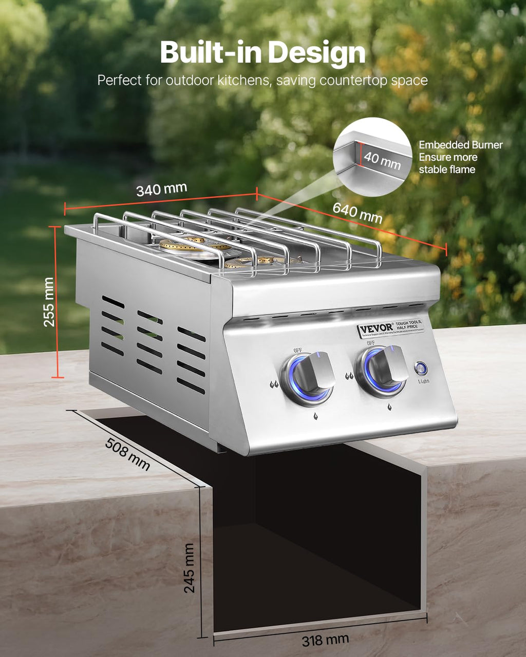 Double Side Burners, 2 x 17,000BTU Liquid Propane, Convertible to Natural Gas, 304 Stainless Steel Built-in U8566
