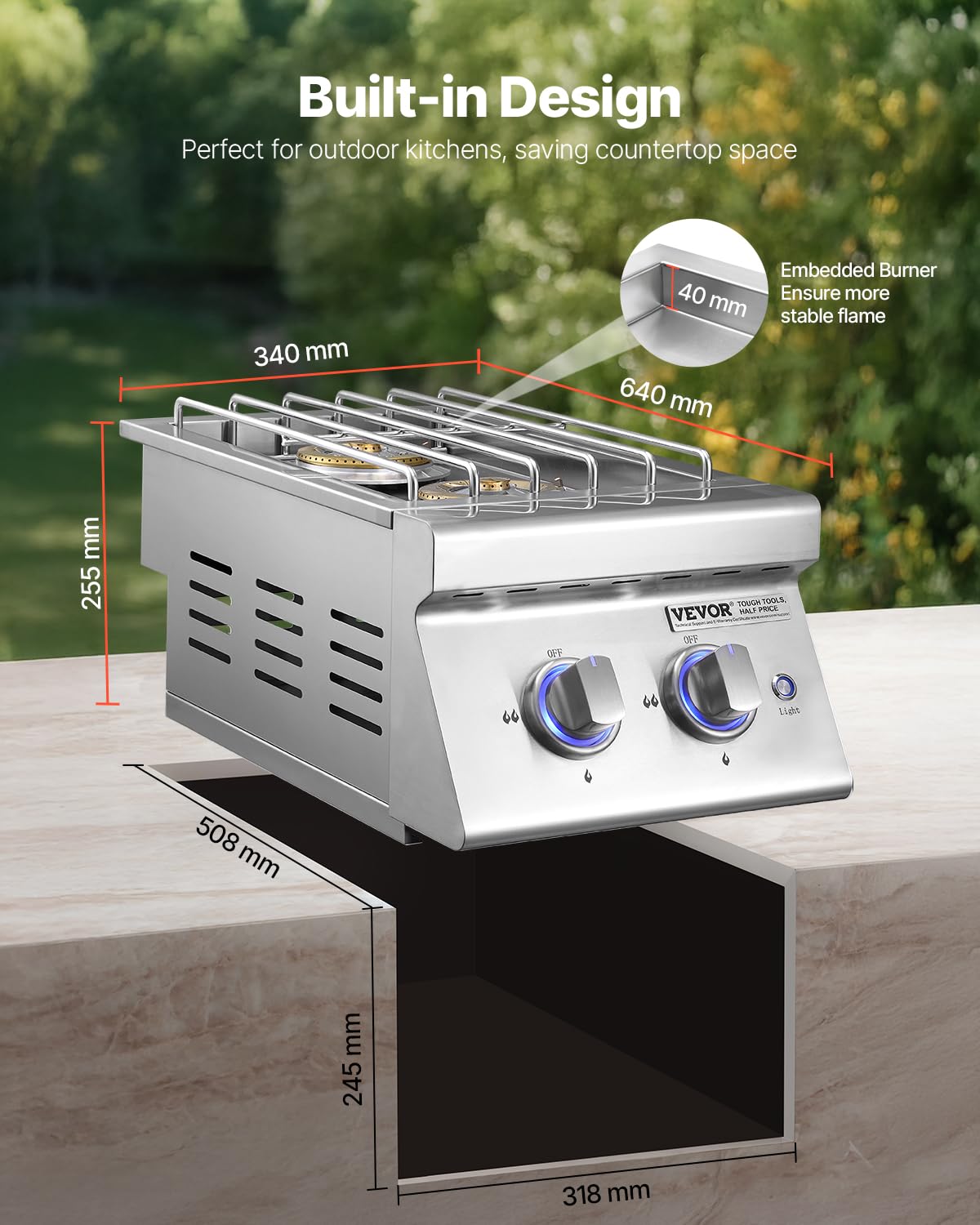 Double Side Burners, 2 x 17,000BTU Liquid Propane, Convertible to Natural Gas, 304 Stainless Steel Built-in U8566