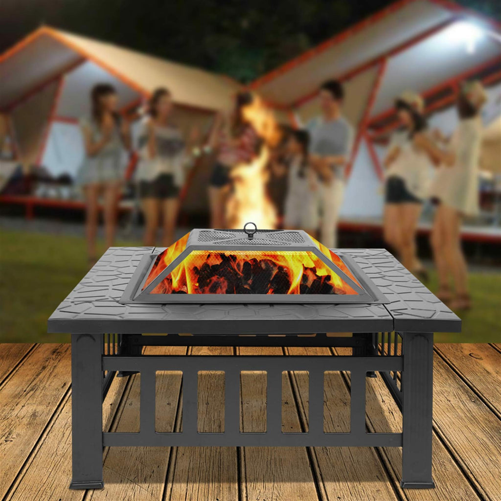 Black 32" Wood Burning Fire Pit Table with Grate, Poker and Spark Screen Cover L145