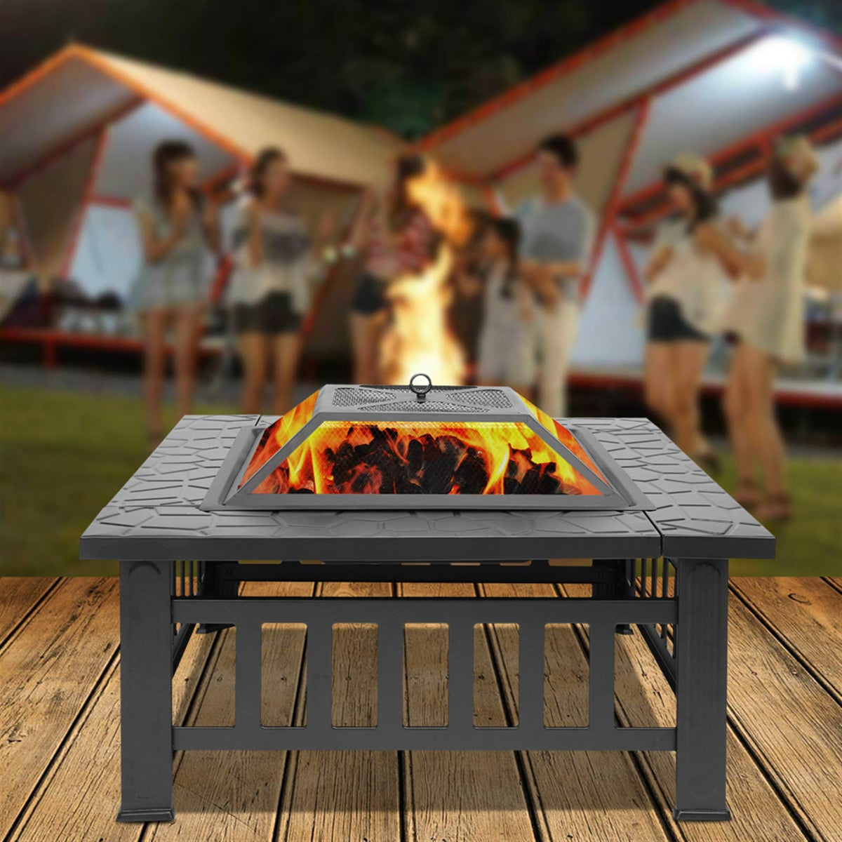 Black 32" Wood Burning Fire Pit Table with Grate, Poker and Spark Screen Cover L145