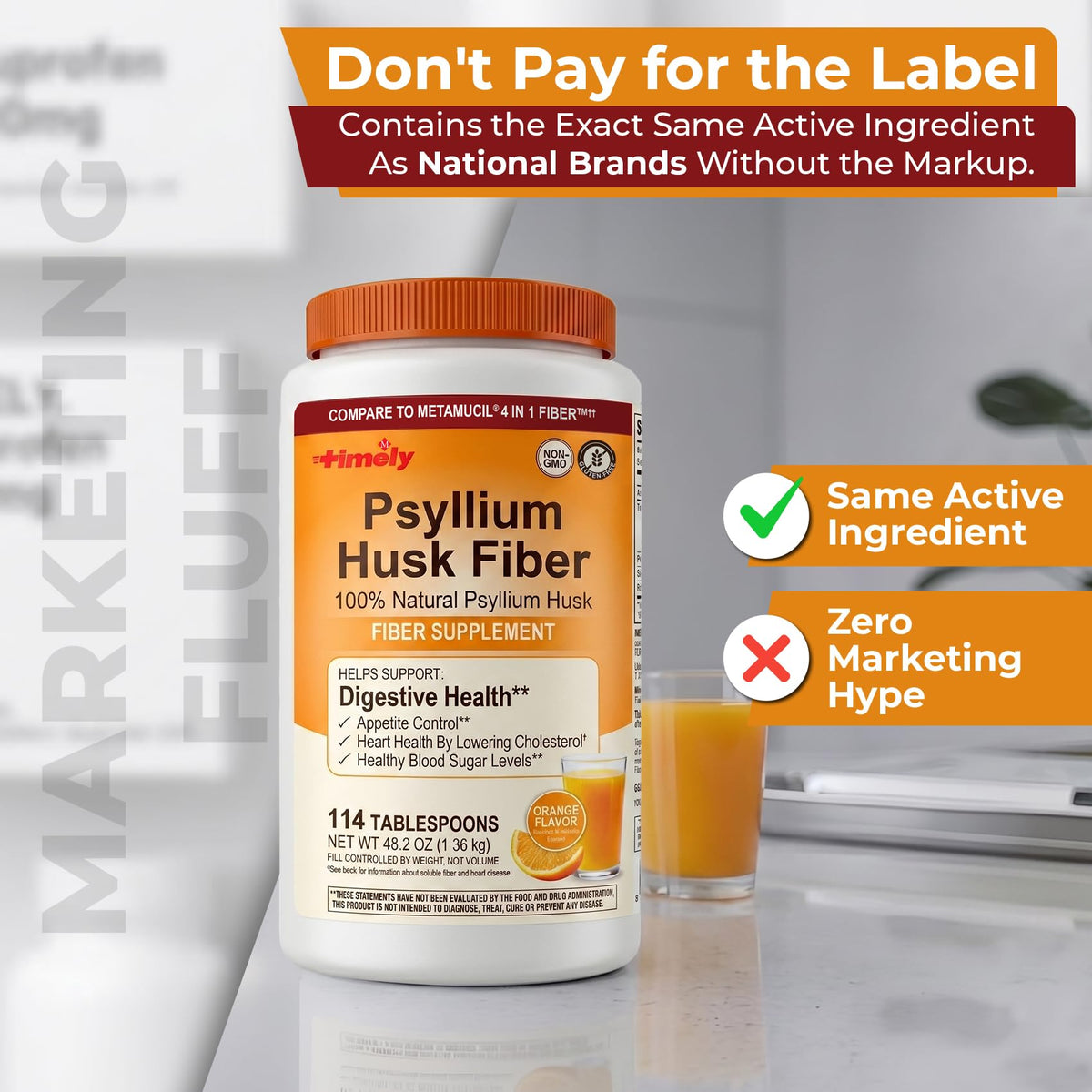 Psyllium Husk Powder Fiber Supplement Orange Flavor 48.2 oz S366406