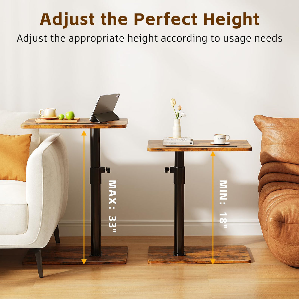 Height Adjustable Swivel C Shaped Side Table Set of 2 P7090