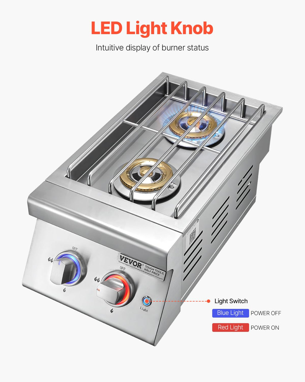 Double Side Burners, 2 x 17,000BTU Liquid Propane, Convertible to Natural Gas, 304 Stainless Steel Built-in U8566